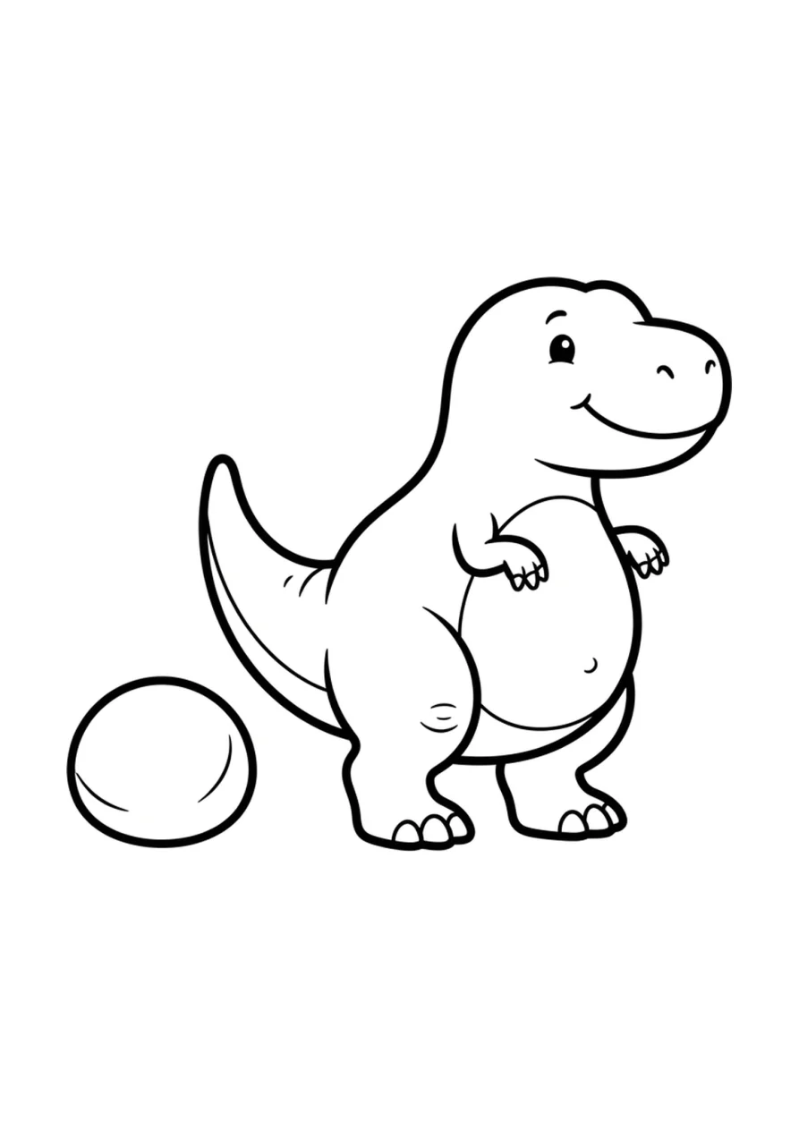 T-Rex simpático con barriga redonda junto a una sola roca redonda.