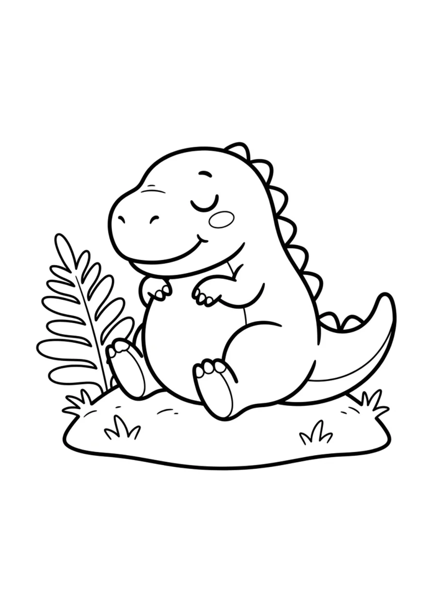 Slaperige T-Rex zit naast een klein varentje in een eenvoudige dinosauruslijntekening.