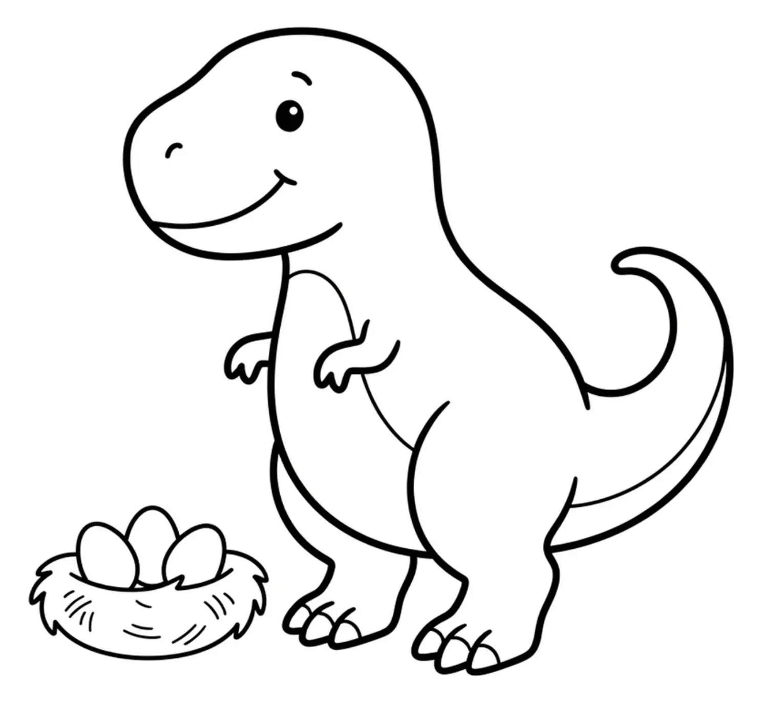 Cute T-Rex with very small arms standing beside one tiny nest in a simple dinosaur scene.