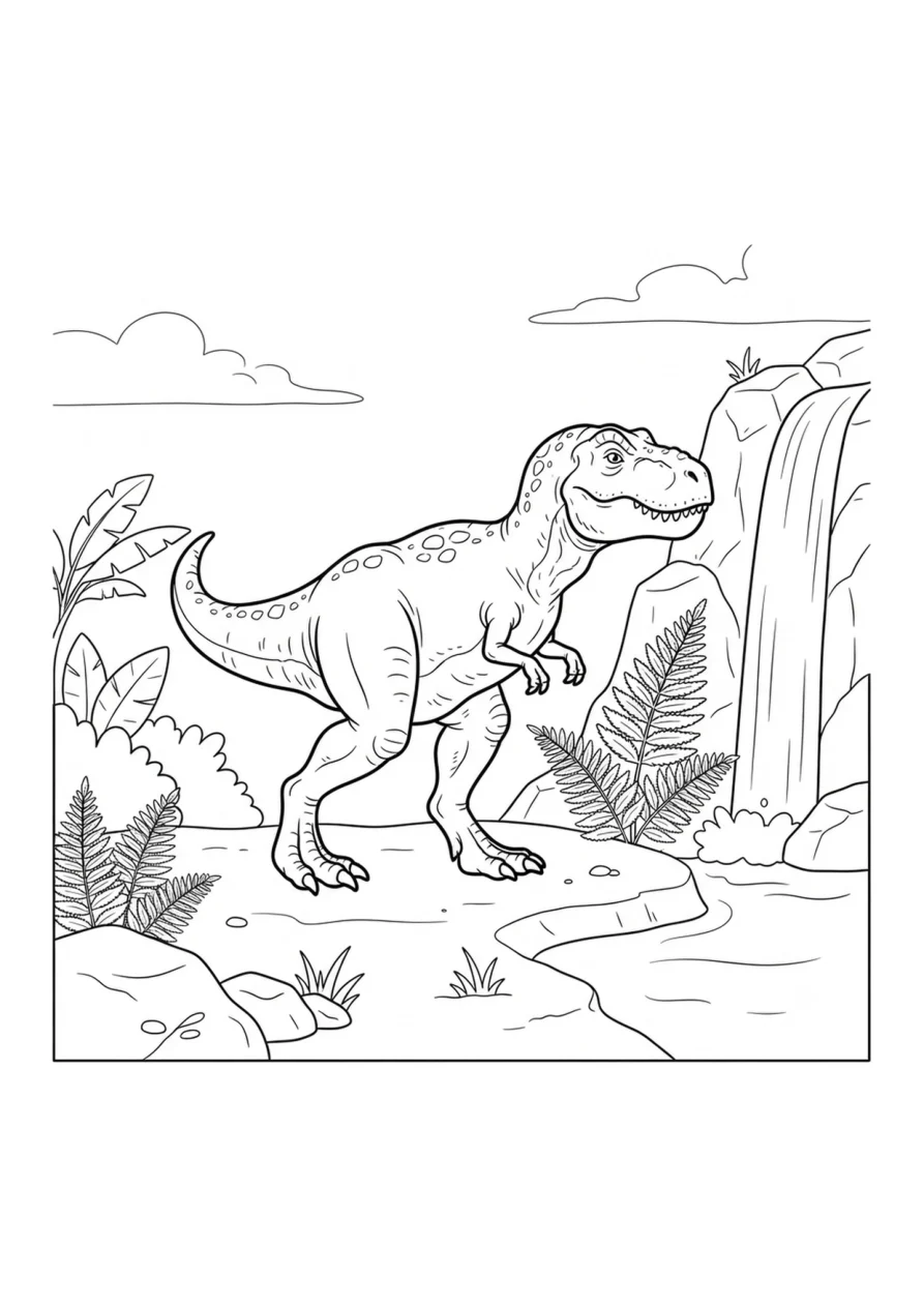 Un T-Rex en train de marcher près d’une cascade douce, entouré de fougères et d’éléments naturels simples.