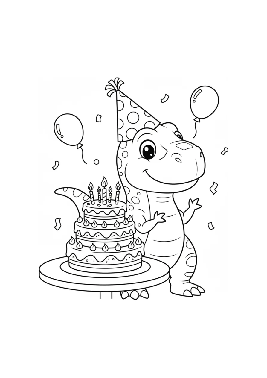 Ausmalbild eines lächelnden Tyrannosaurus Rex mit buntem Partyhut, der neben einer mehrstöckigen Geburtstagstorte steht