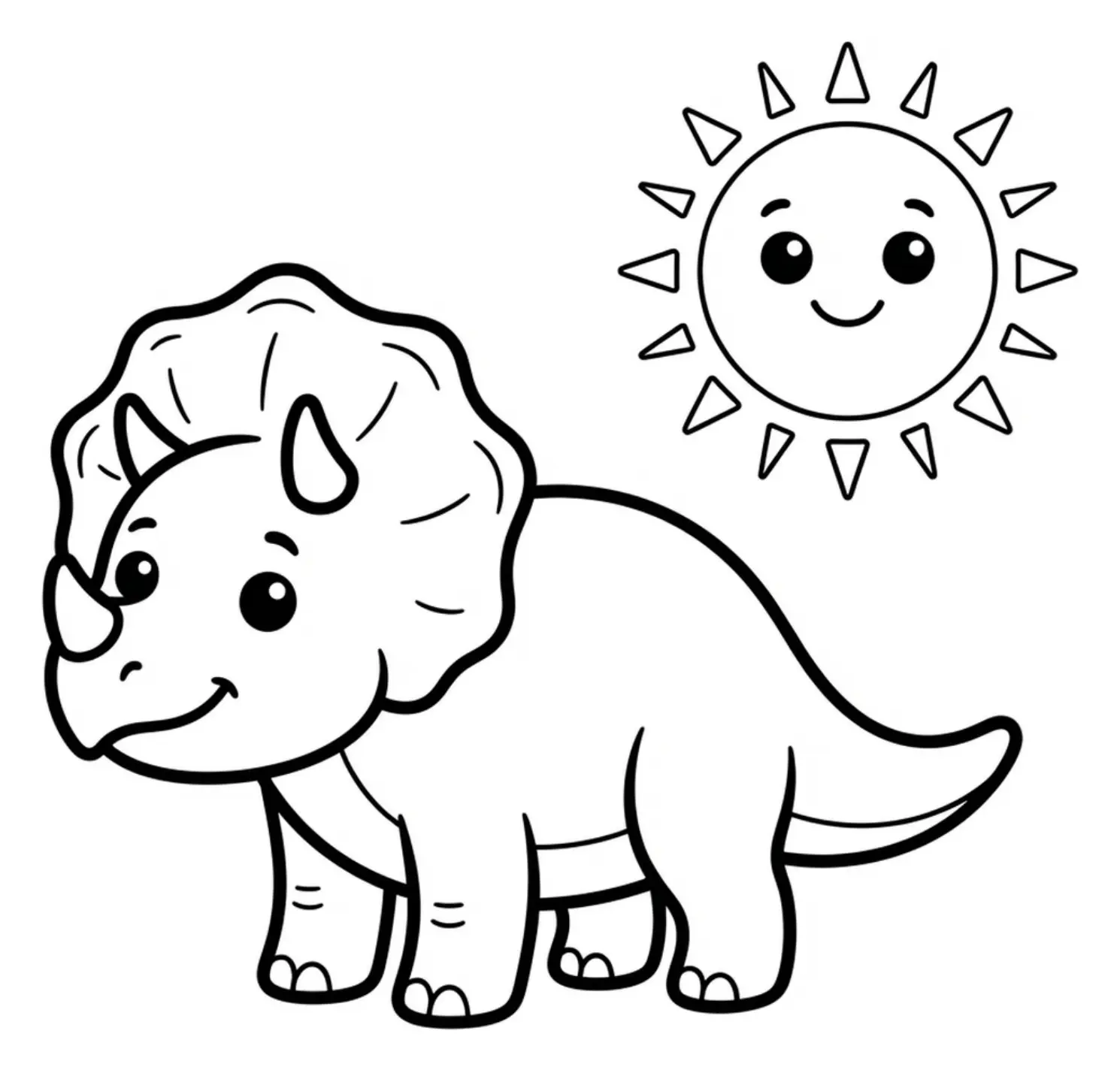 Baby Triceratops standing happily under a single smiling sun.