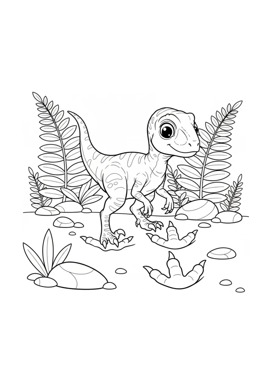 Ausmalbild mit einem niedlichen Velociraptor, der vorsichtig großen Dinosaurier-Fußabdrücken zwischen Farnen und runden Steinen folgt, vollständige Szene ohne abgeschnittene Körperteile.