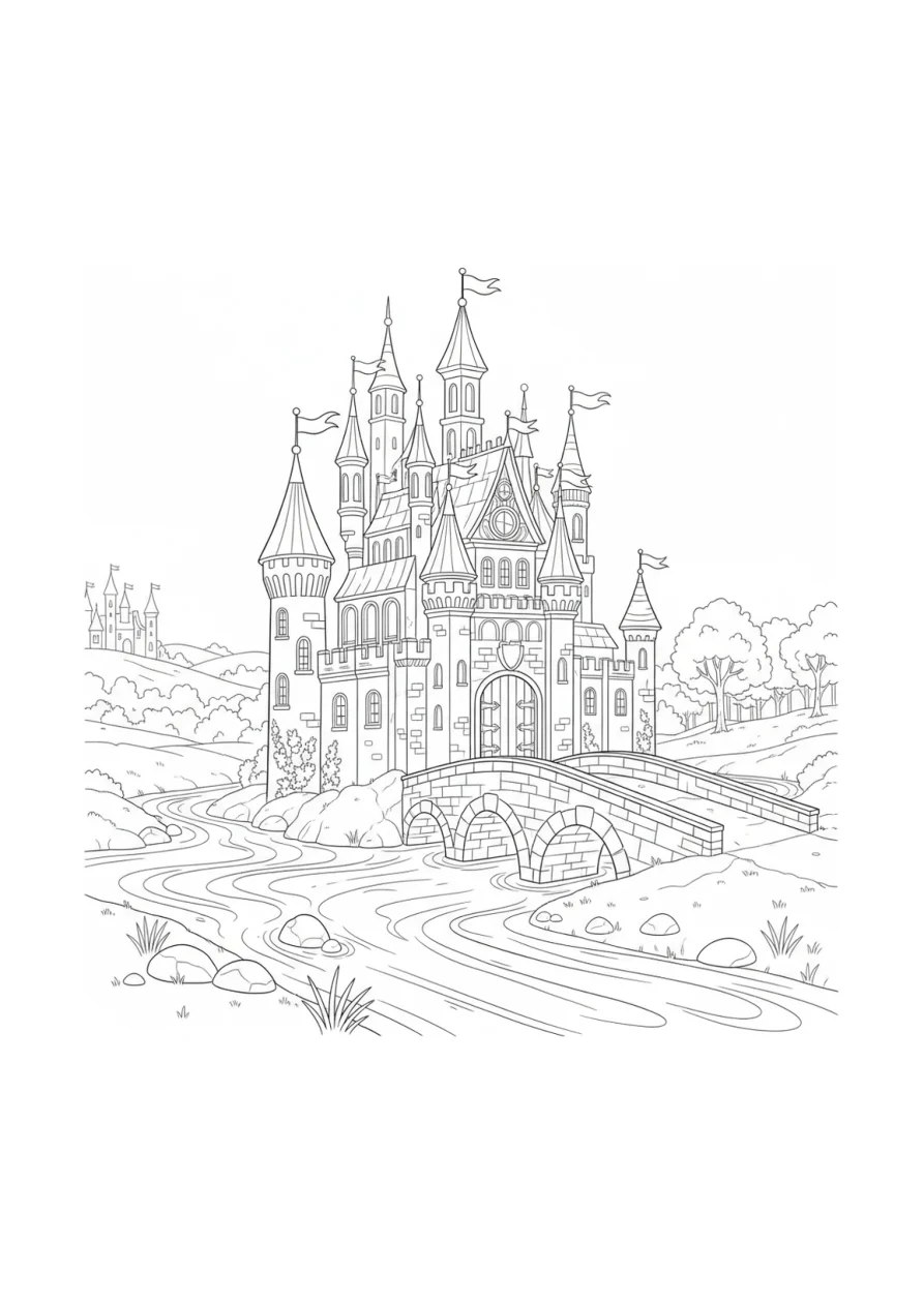 Disegno in bianco e nero di un castello da libro di fiabe con torri merlate e un semplice ponte in legno che attraversa un fiume