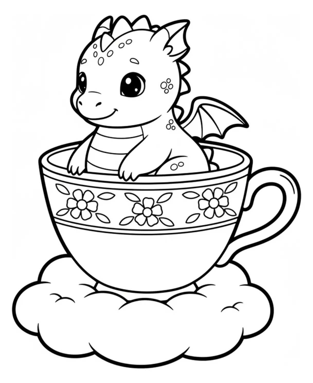 A cute baby dragon curled up inside an oversized teacup resting on a soft cloud, surrounded by swirling steam, drawn in a simple coloring page style for young children.