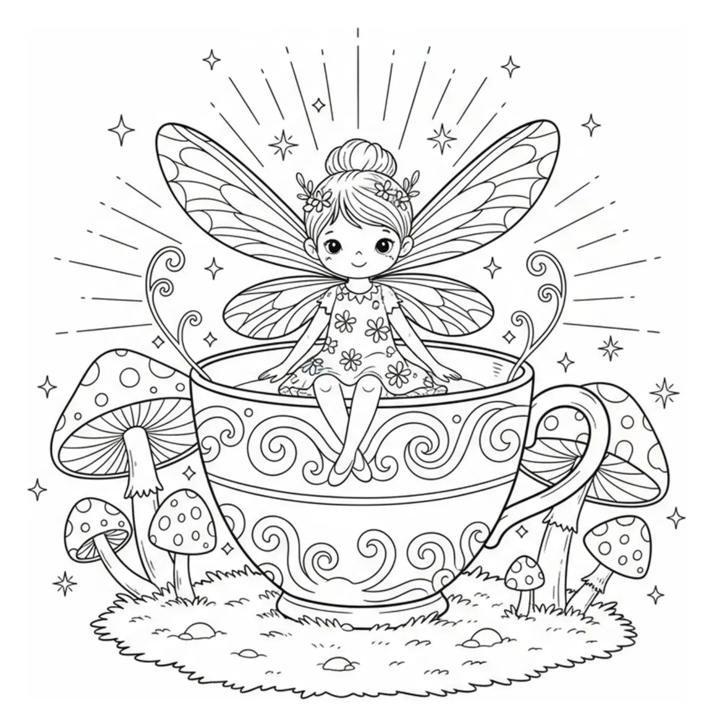 Coloring page outline of a tiny fairy with dragonfly wings sitting on a teacup, surrounded by mushrooms and star sparkles, no shading or border