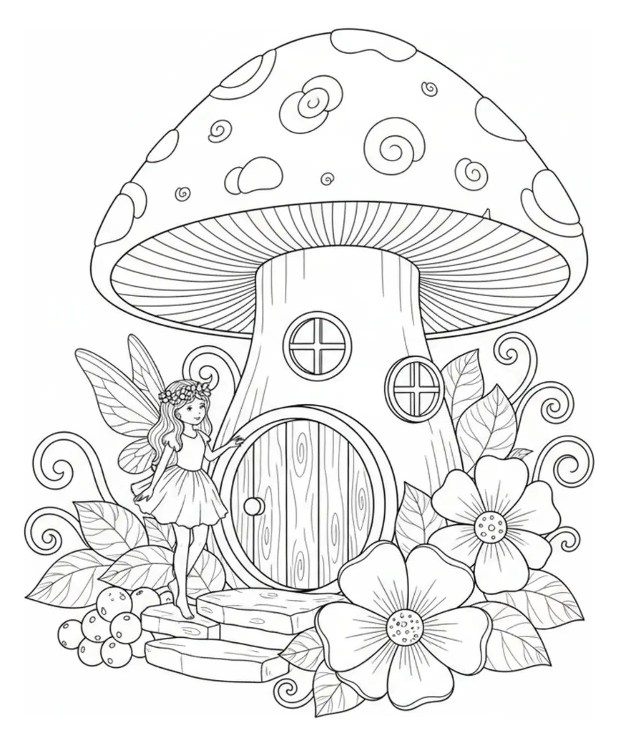 A small fairy with wings standing next to the round door of a mushroom house, with flowers blooming around her