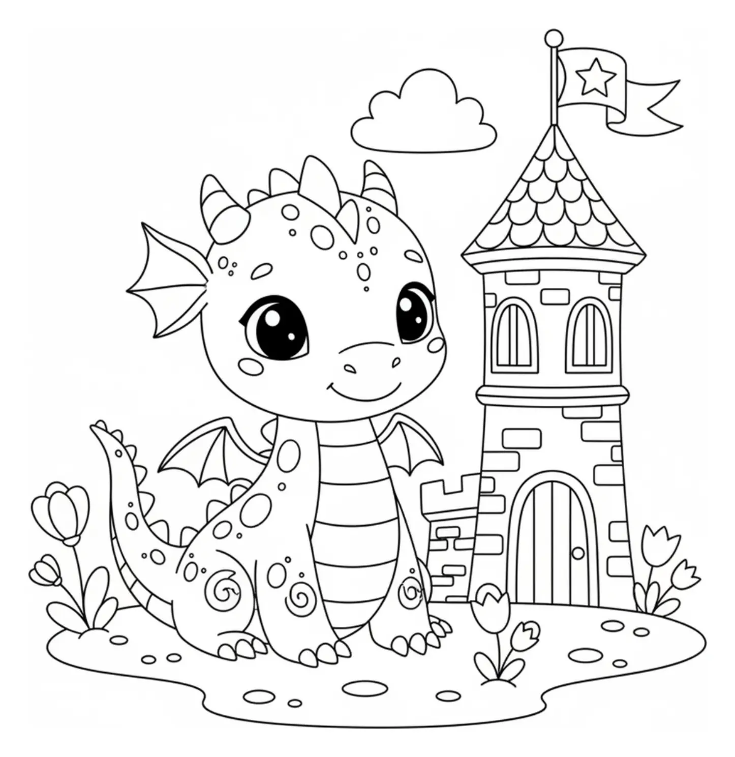 A smiling baby dragon with small wings sitting beside a short stone castle tower that has a single flag on top, outlined in black and white for coloring.