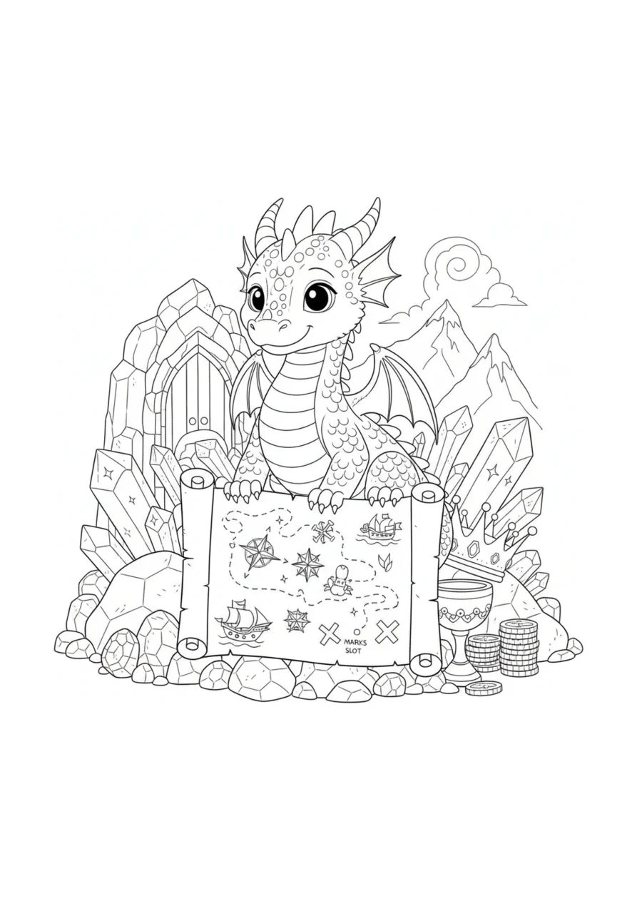 Lámina para colorear con un dragón sonriente sentado junto a un gran mapa del tesoro desplegado, rodeado de cristales macizos en un escenario de fantasía ilustrado.