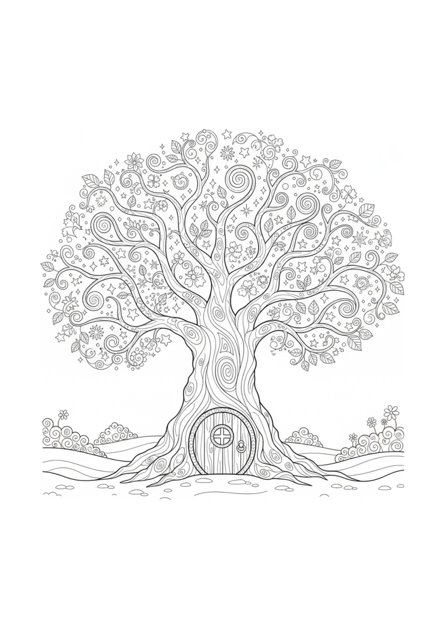 A tall magical tree with glowing, star-shaped leaves and a small wooden door at its base, surrounded by tiny sparkles and fantasy details.