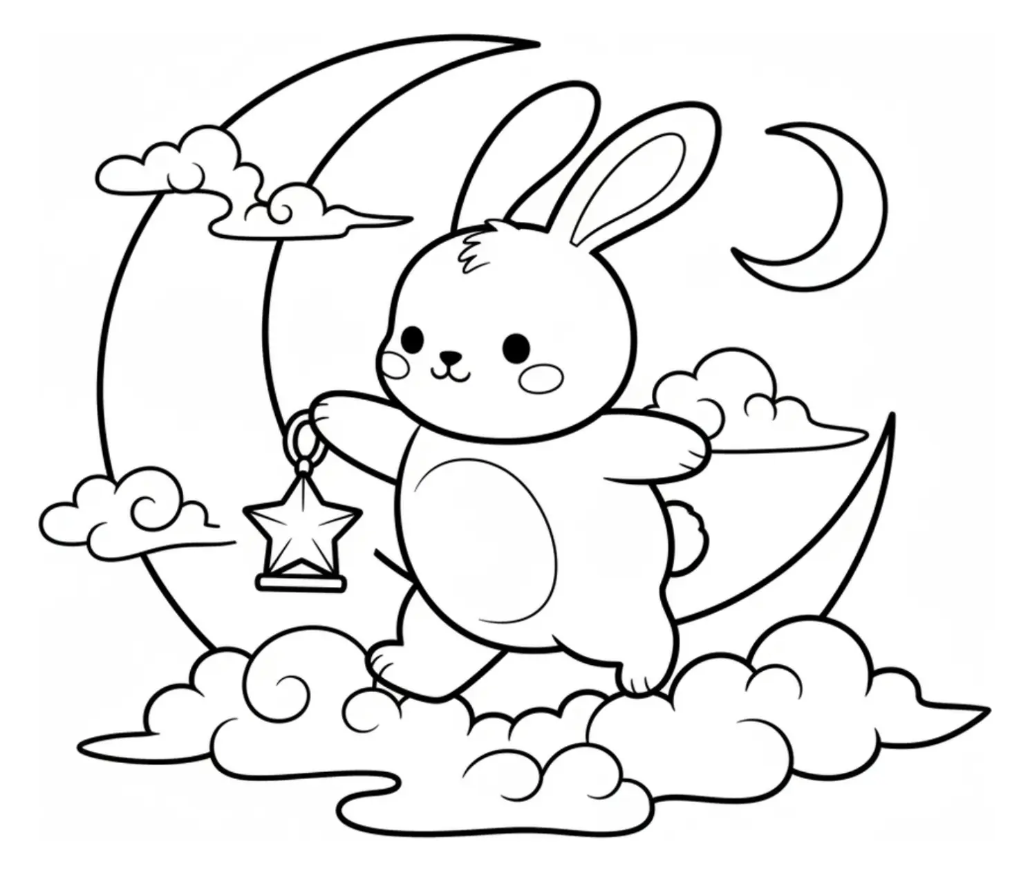 A cute bunny walking across fluffy clouds and crescent moon shapes while holding a star-shaped lantern, surrounded by a soft magical fantasy scene.