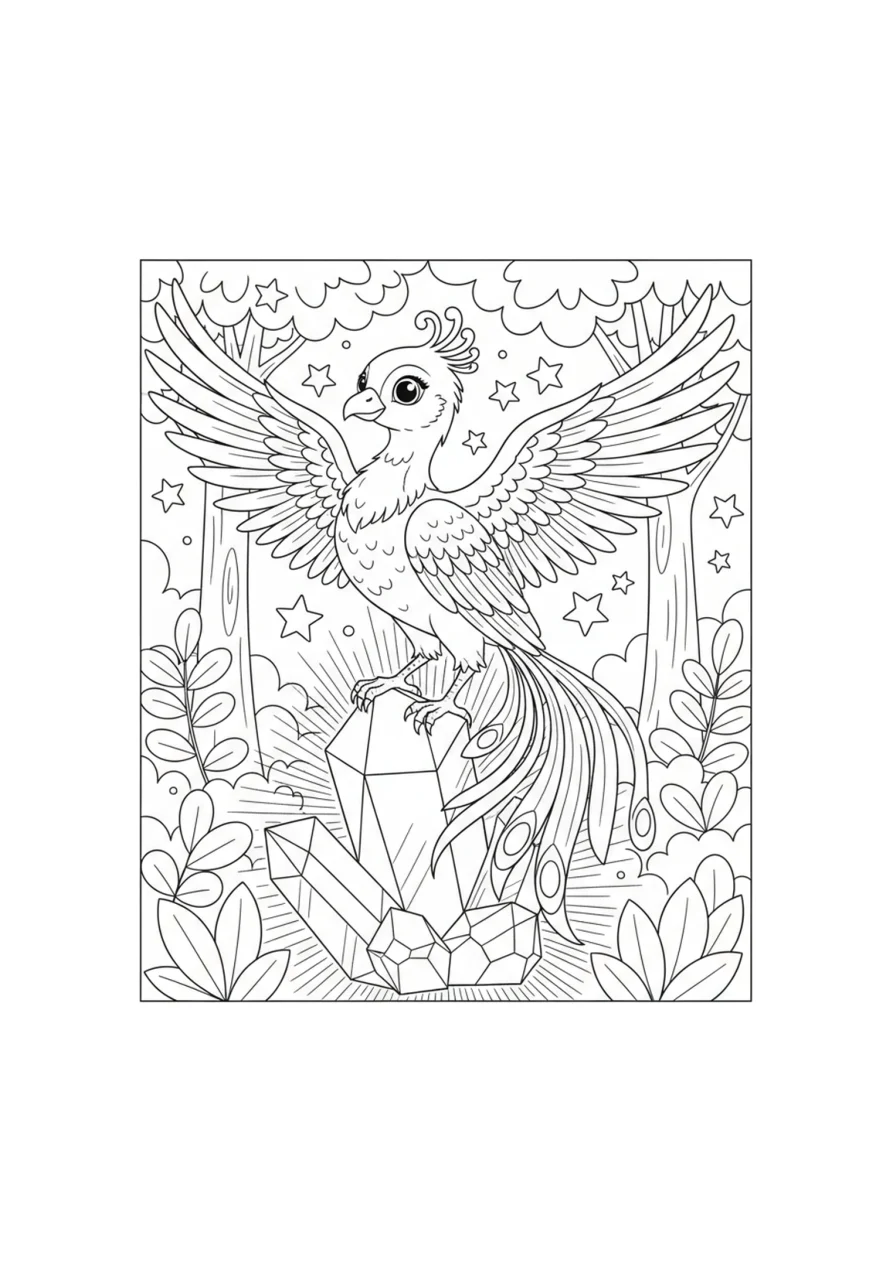 Coloriage représentant un phénix bienveillant perché sur un grand cristal dans une forêt enchantée, entouré de feuilles simples et d'étoiles