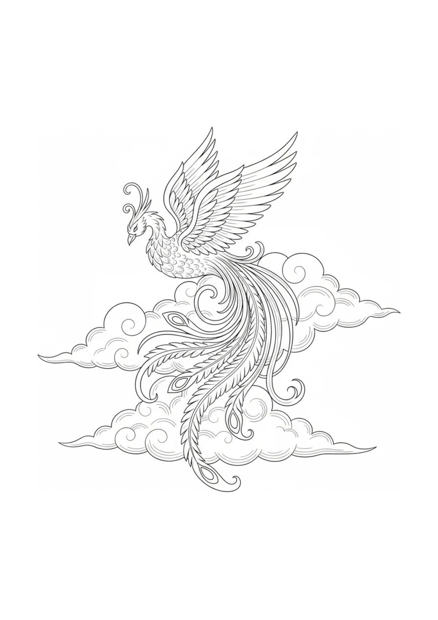 A gentle phoenix with long, flowing feathers spreading its wings while gliding peacefully above fluffy clouds, drawn in a child-friendly fantasy style.