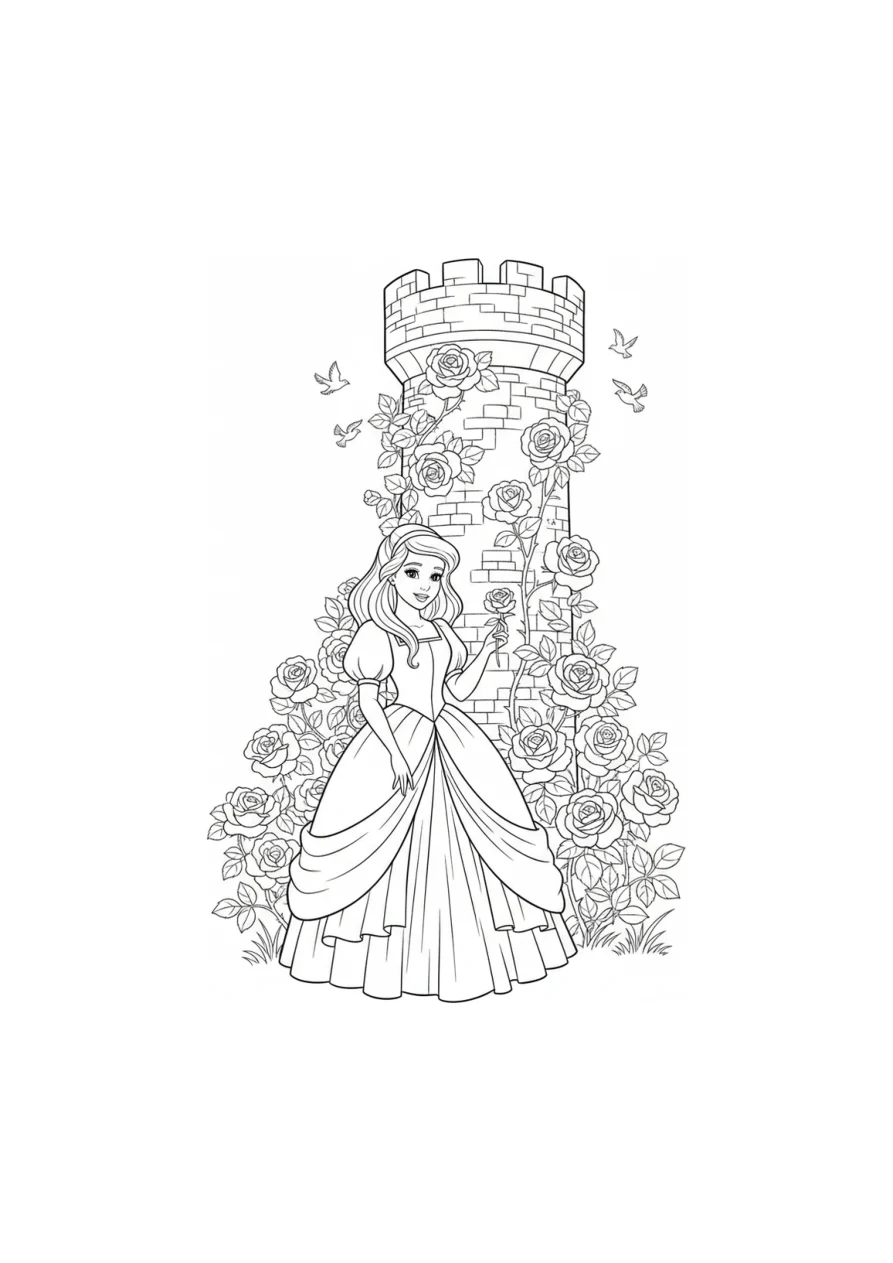 Disegno in bianco e nero di una principessa in abito lungo accanto a una torre medievale decorata con rampicanti di rose fiorite