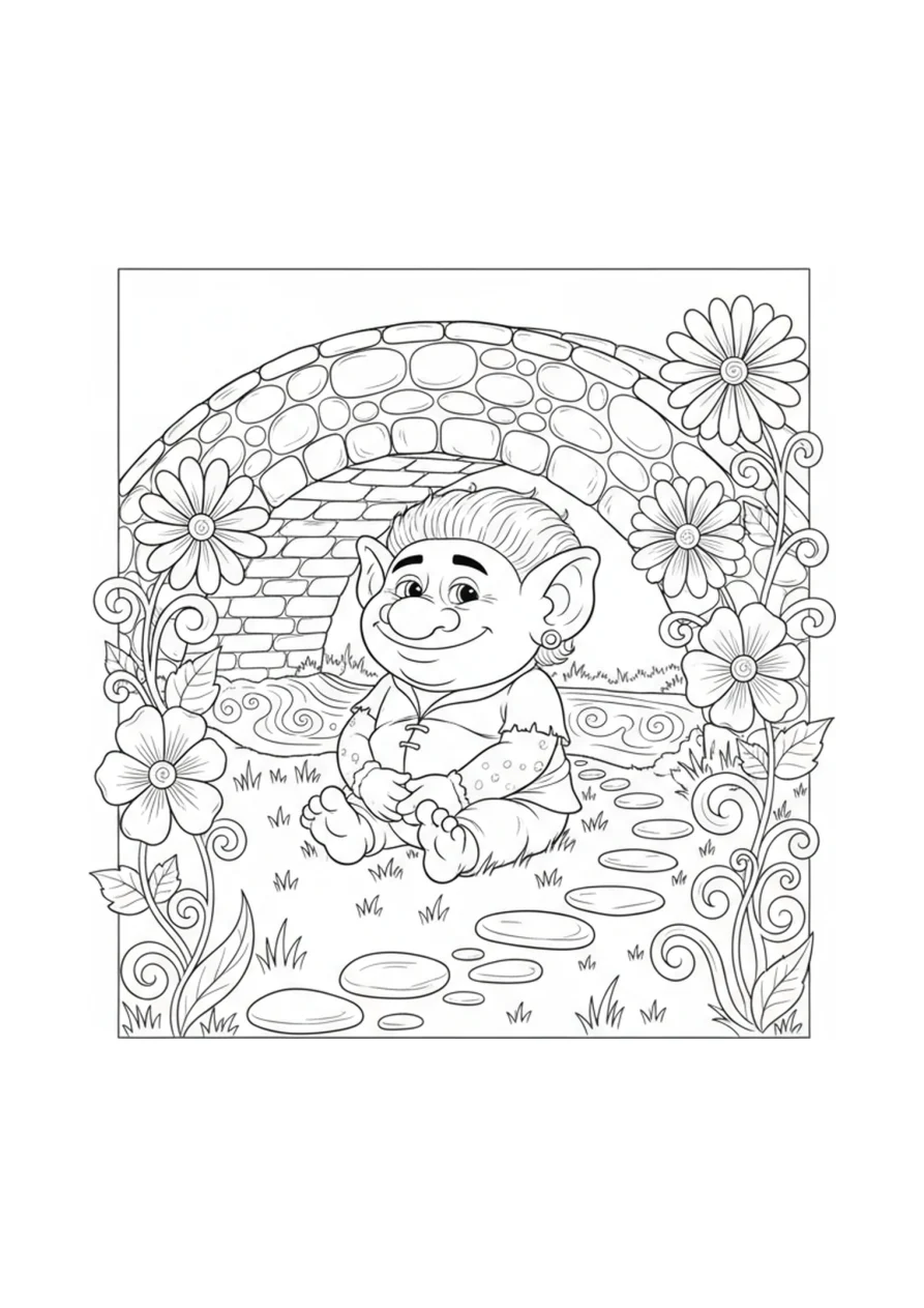Ausmalbild mit einem kleinen Troll, der unter einer geschwungenen Brücke sitzt, umgeben von großen Blüten und Trittsteinen in einer märchenhaften Landschaft.
