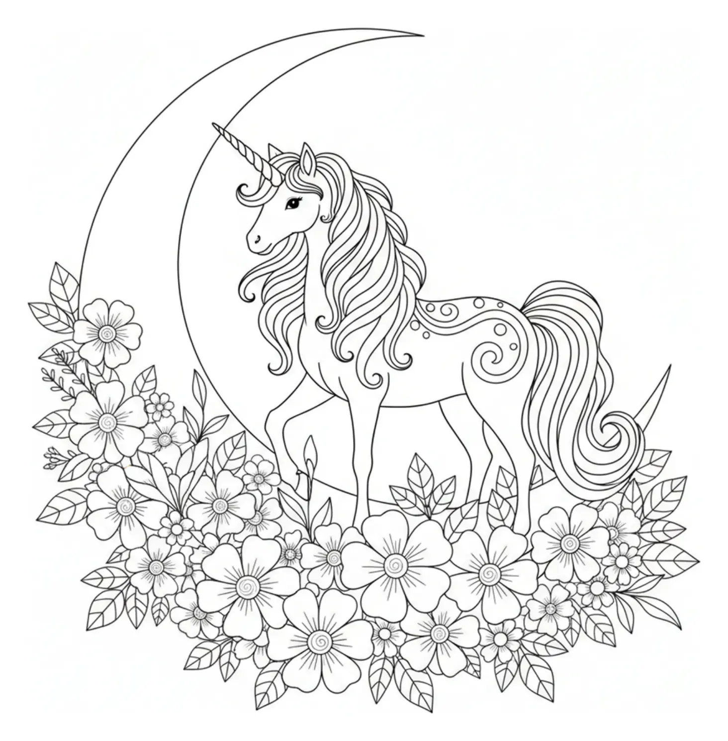 A gentle unicorn standing beneath a crescent moon, surrounded by blooming flowers, outlined in black and white for coloring