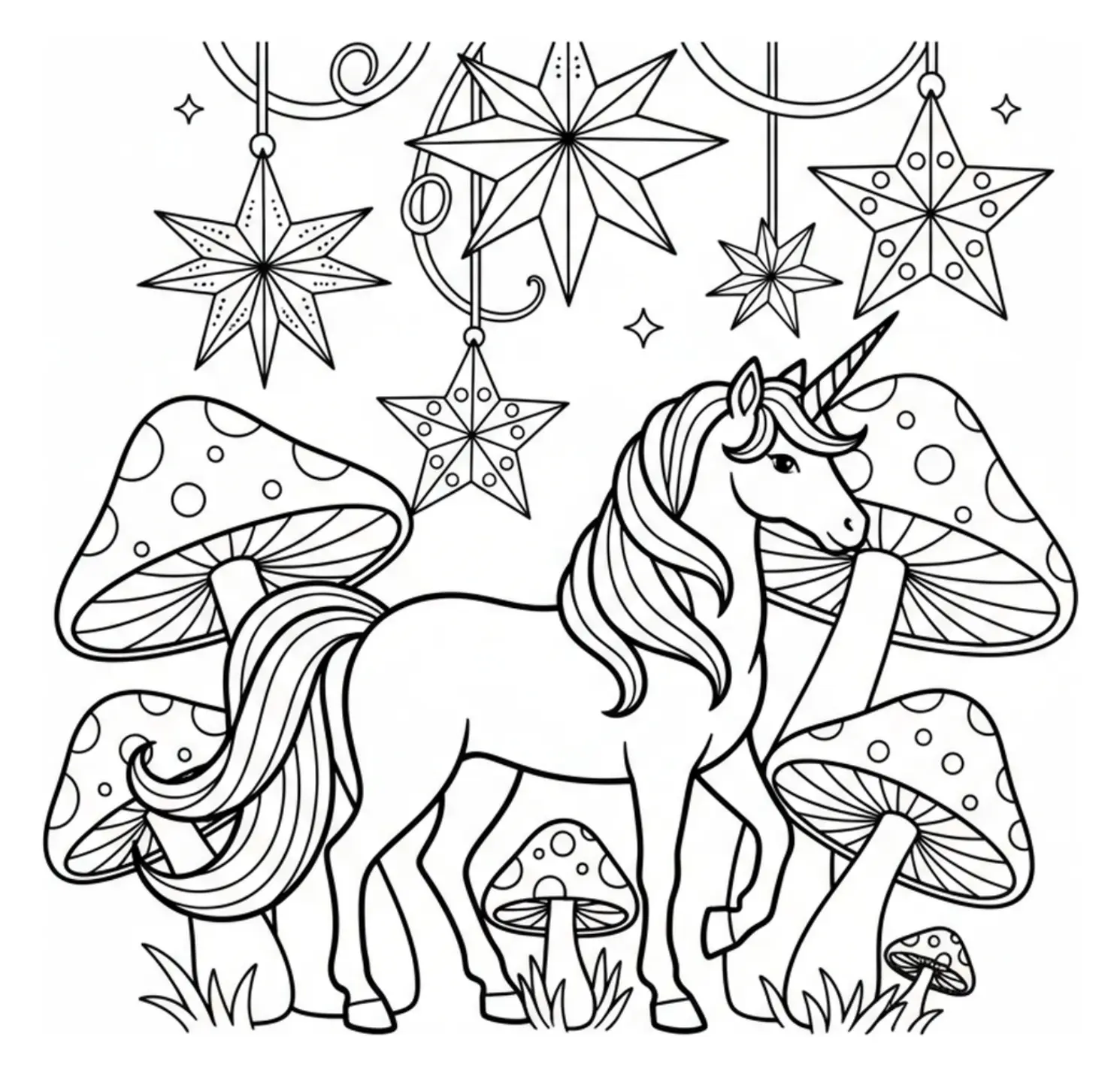 A unicorn standing beside oversized mushrooms with hanging star lanterns above, drawn in clean outlines on a white background, ready to color.