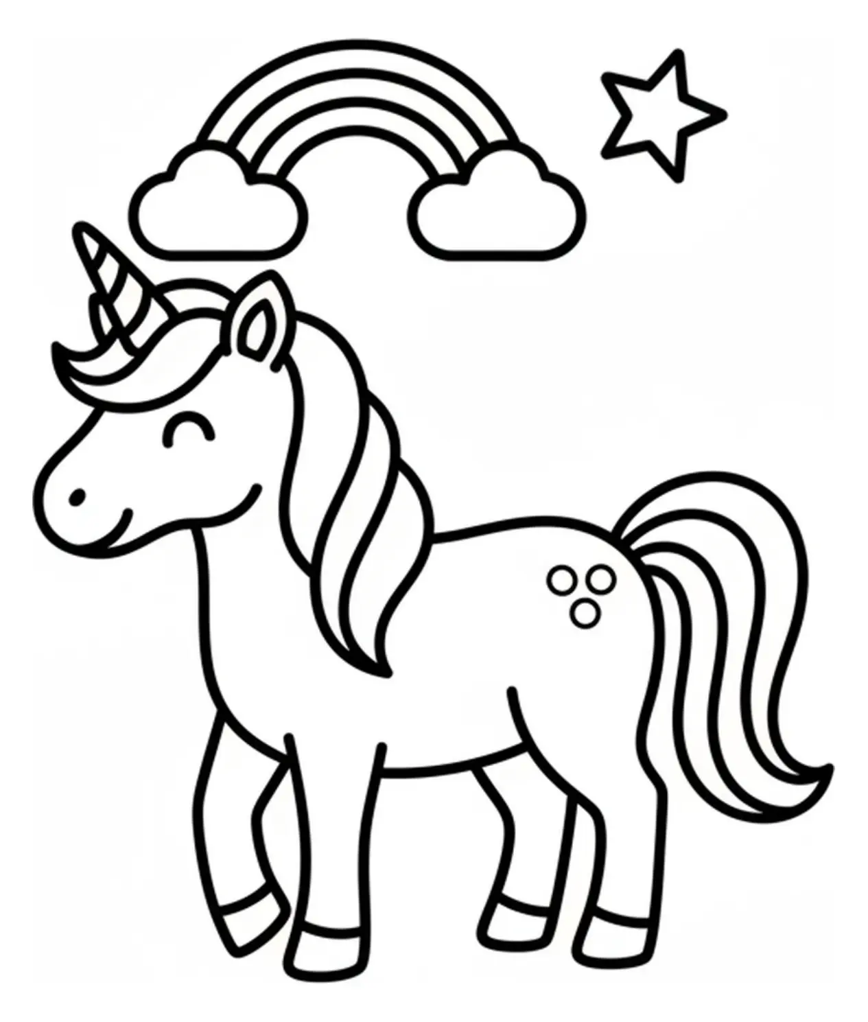 A smiling unicorn standing beneath a small rainbow cloud with one star floating nearby, drawn in simple bold outlines for young children to color.