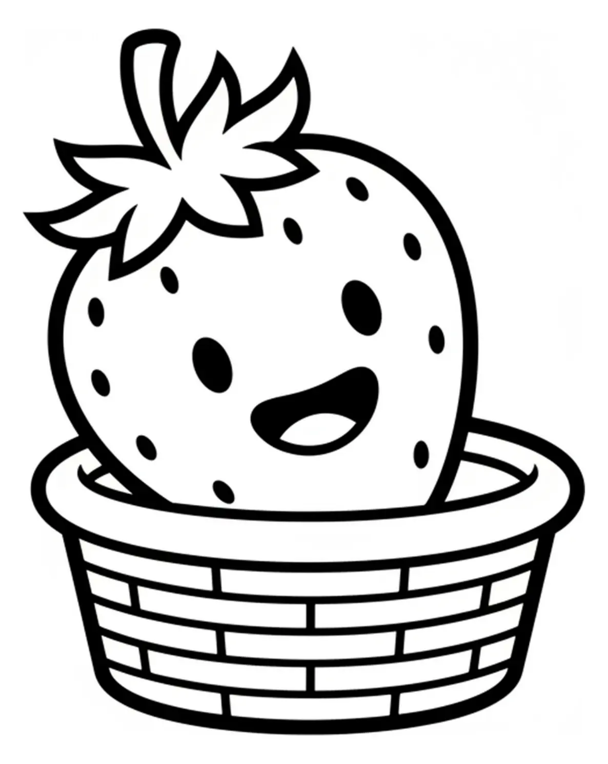 Coloring page outline of a smiling strawberry with big eyes sitting inside a small woven basket