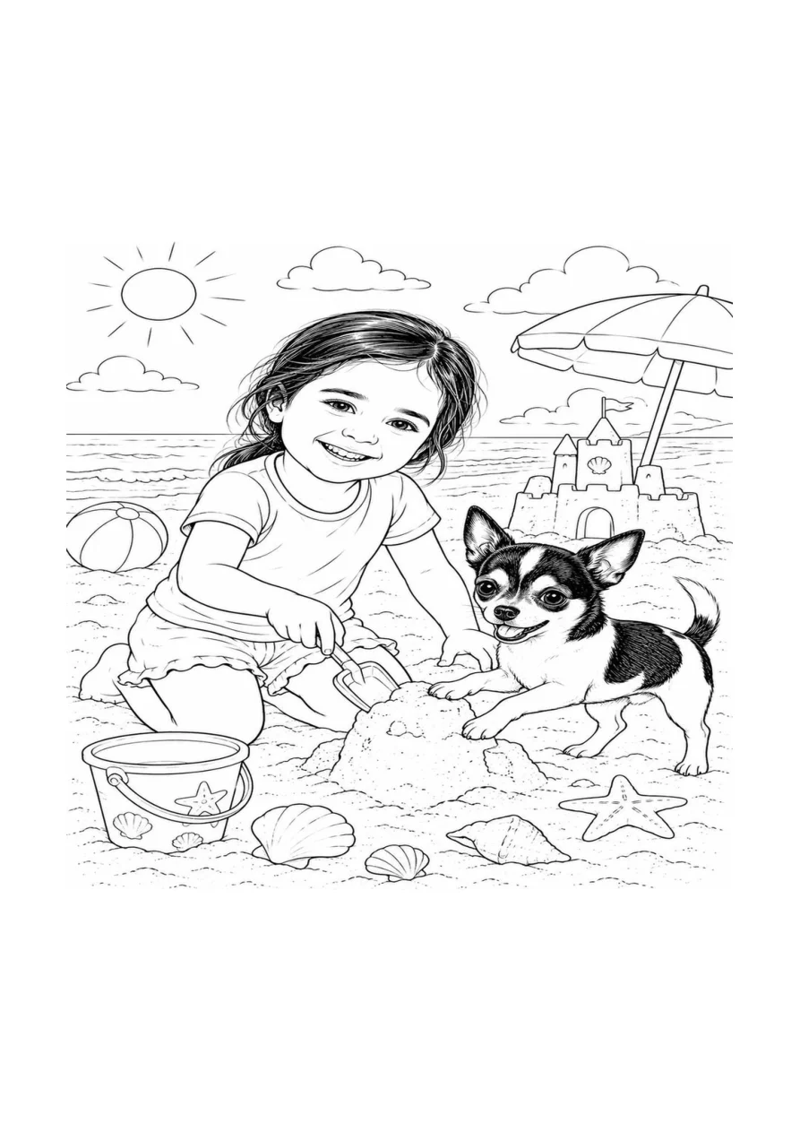 Coloriage pour enfants représentant une fille et un chien à la plage.