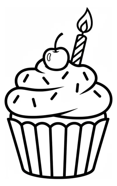 Kleurplaat van een verjaardagscupcake met kleurrijke sprinkles, een brandend kaarsje en een kers bovenop, voor jonge kinderen
