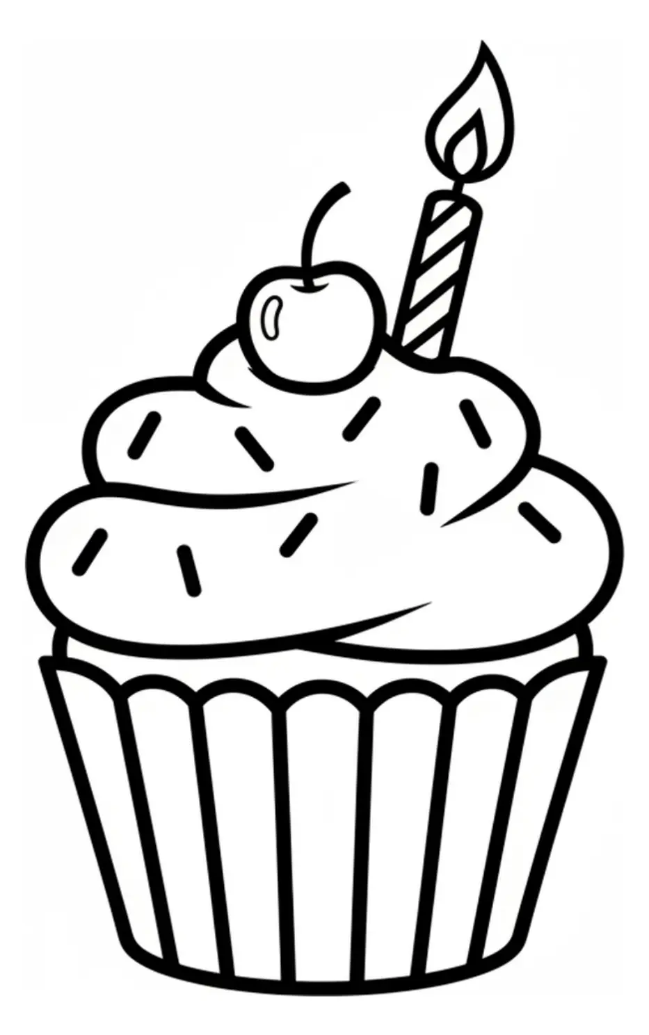 A simple coloring page showing a round cupcake with swirled frosting, scattered sprinkles, a single lit candle, and a cherry on top