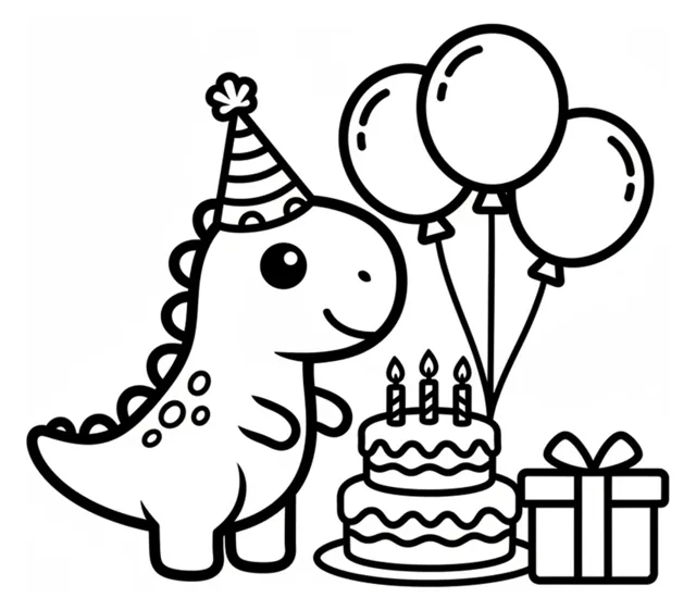 Kleurplaat van een schattige dinosaurus met een feesthoedje, naast ballonnen, een verjaardagstaart en een ingepakt cadeau