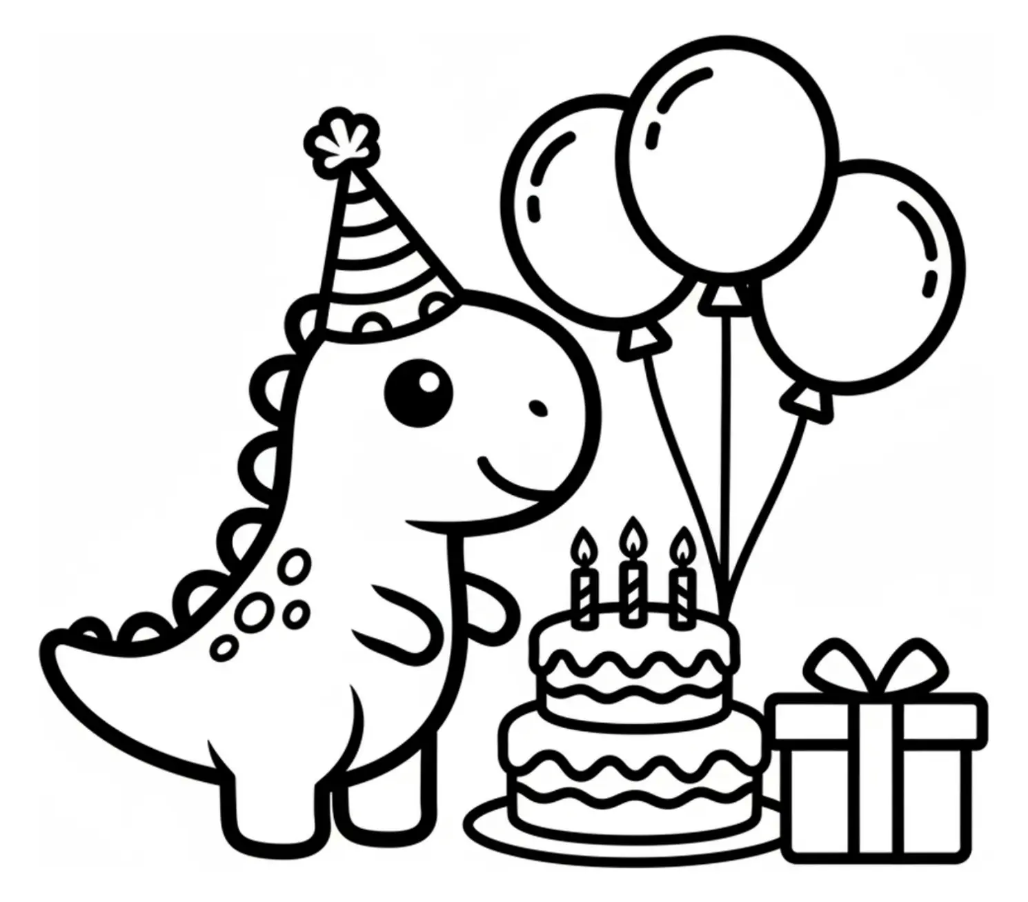 Coloring page outline of a cute dinosaur wearing a party hat, standing next to balloons, a birthday cake, and a wrapped gift box