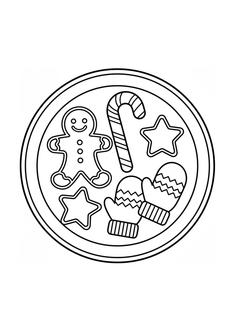 Dibujo para colorear en blanco y negro con un plato que contiene galletas de jengibre, un bastón de caramelo, galletas en forma de estrella y galletas con forma de manopla.
