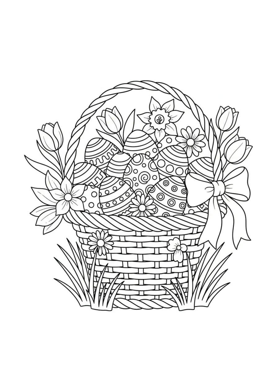 Ausmalbild mit einem geflochtenen Osterkorb, gefüllt mit dekorierten Eiern, Frühlingsblumen, einer Schleife und kleinen Grasbüscheln