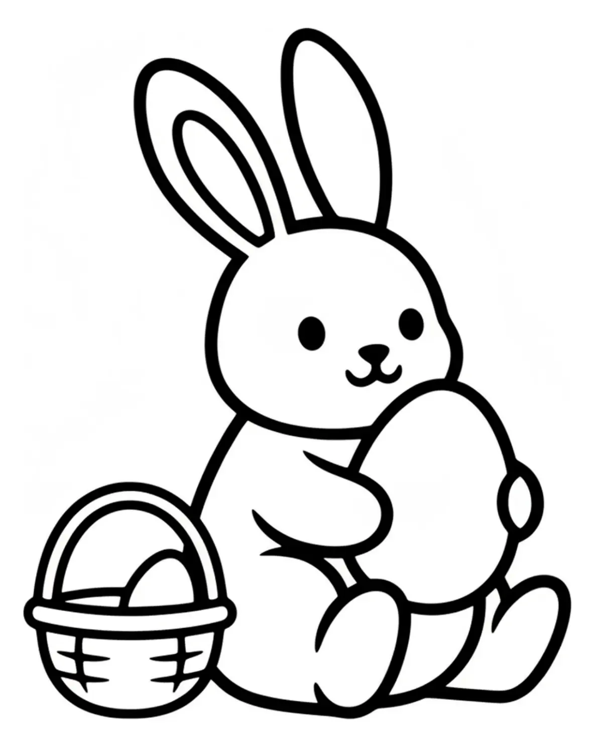 Coloring page outline of a sweet bunny holding a large Easter egg, standing beside a small wicker basket