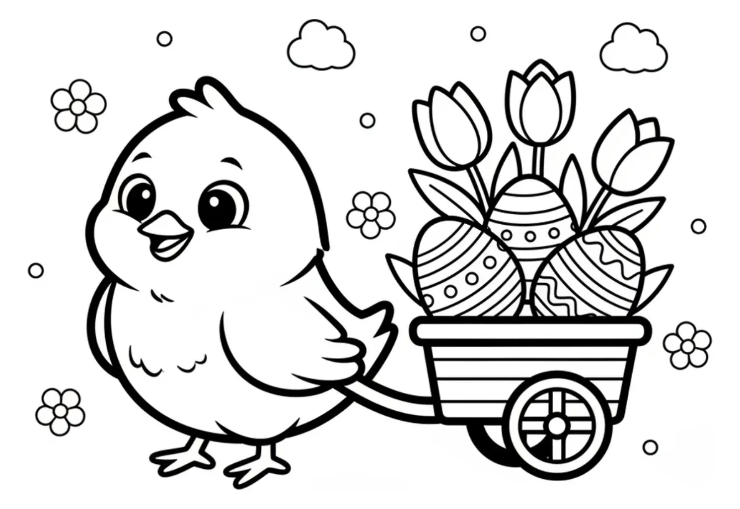 Coloring page showing a happy Easter chick pulling a small wagon filled with decorated eggs and tulip flowers in a cheerful spring scene.