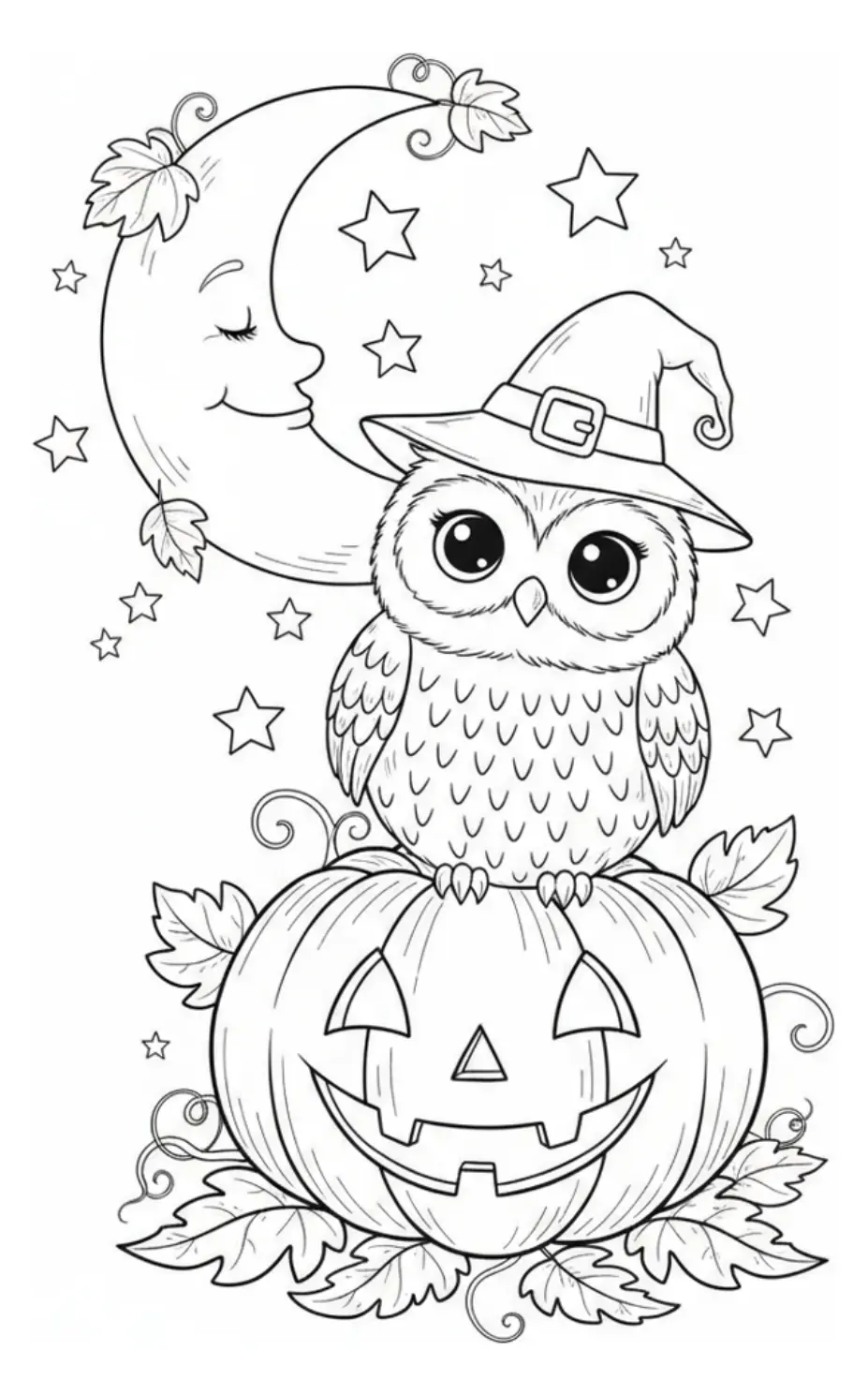 Coloring page outline of a cute owl sitting on a pumpkin with a crescent moon, stars, and leaves in the background