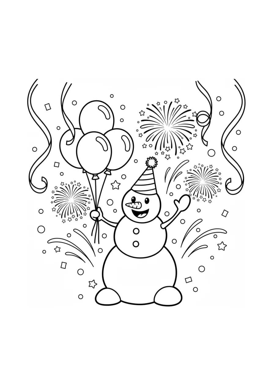 Ausmalbild mit einem lachenden Schneemann mit Partyhut, umgeben von Feuerwerk, Luftballons und Luftschlangen