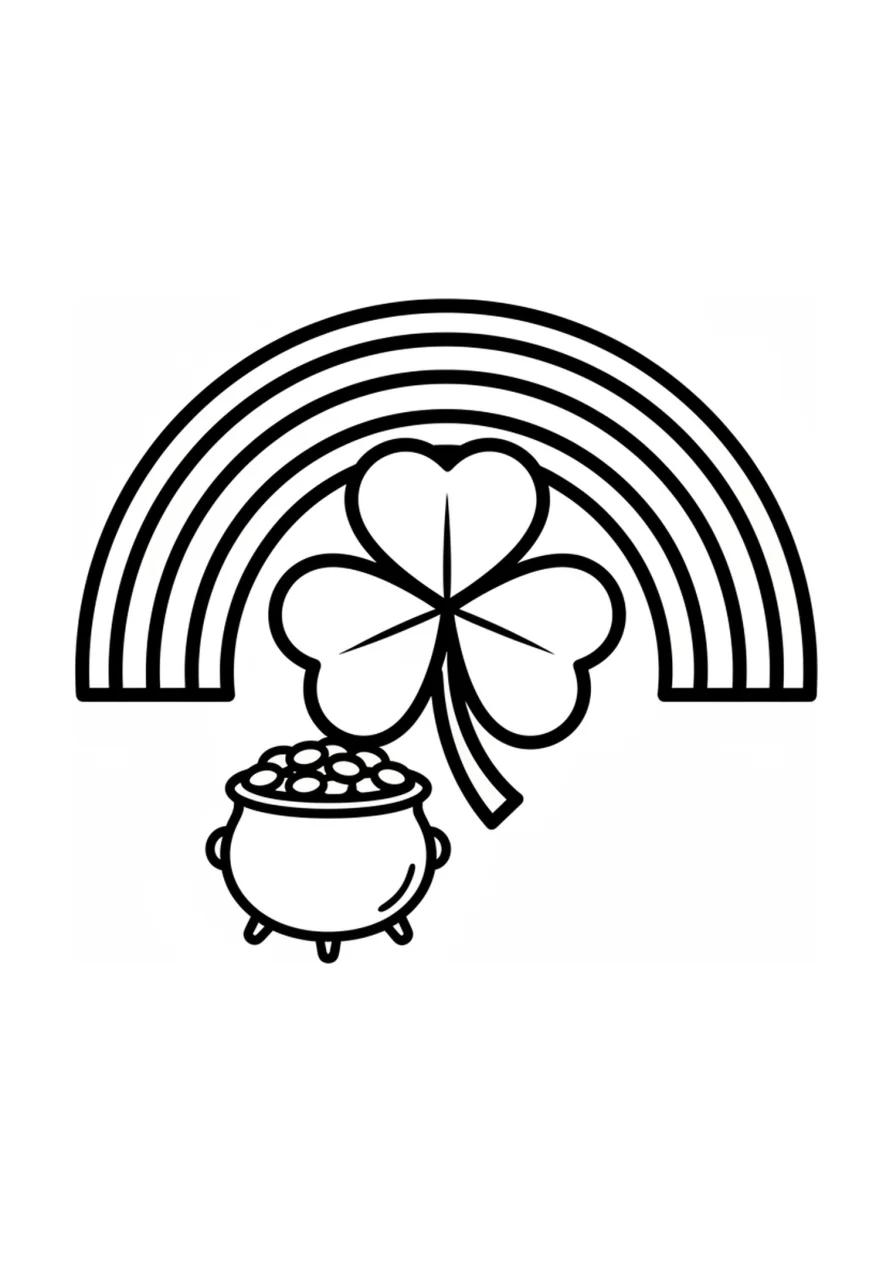 Coloring page outline of a large shamrock centered on the page, with a rainbow arching above it and a small cauldron filled with coins at the base, no text or shading.