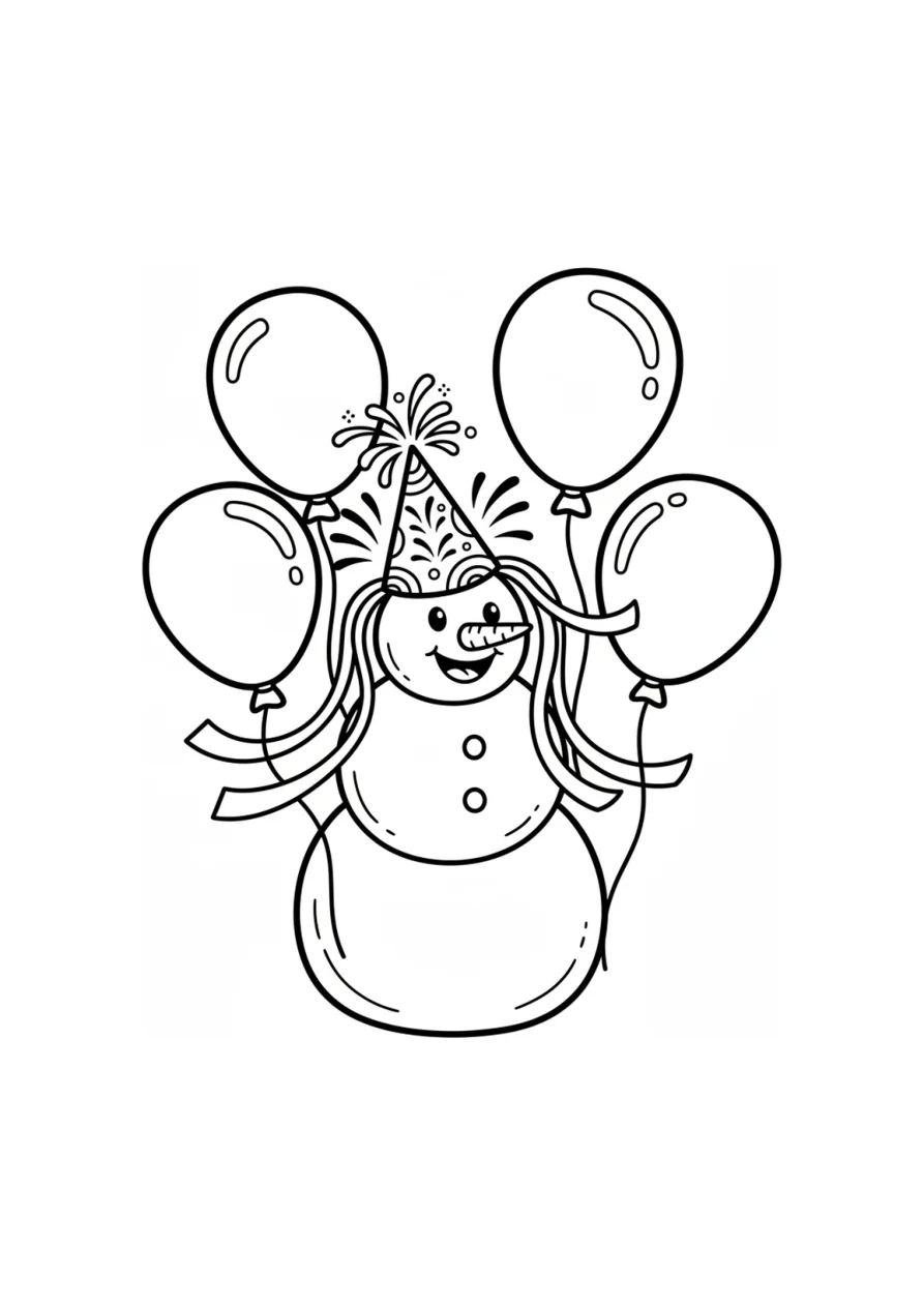 Coloring page of a round snowman wearing a tall party hat, surrounded by bursting fireworks, curling streamers and large balloons in a festive New Year scene.