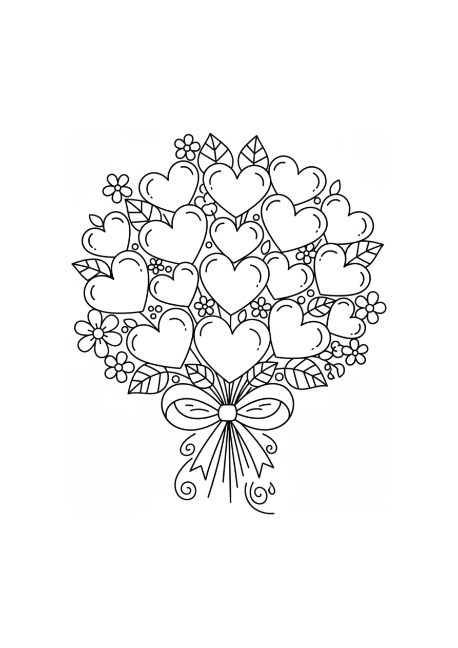 Desenho de um coração decorado com um laço e pequenas flores ao redor, formando um buquê para colorir