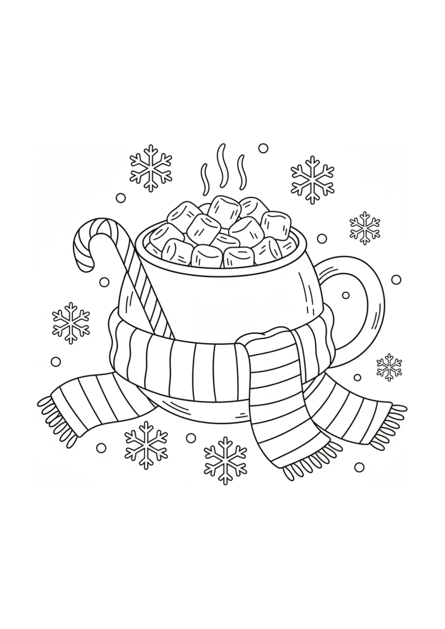 Desenho para colorir de uma grande caneca de inverno com cacau e marshmallows, enrolada num cachecol, rodeada de flocos de neve e uma bengala de doce.