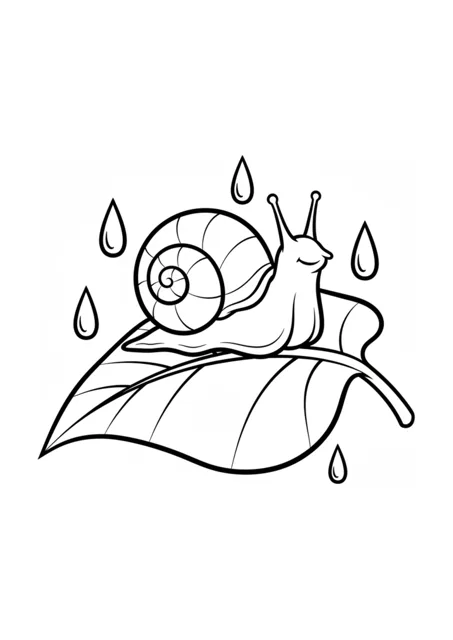 Eine Cartoon-Schnecke mit rundem Gehäuse sitzt gemütlich auf einem großen Blatt, um sie herum fallen kleine Regentropfen