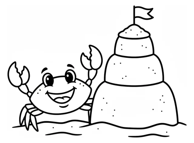 Ausmalbild mit einer lachenden Krabbe, die ihre Scheren hebt, neben einer einfachen Sandburg mit zwei Türmen