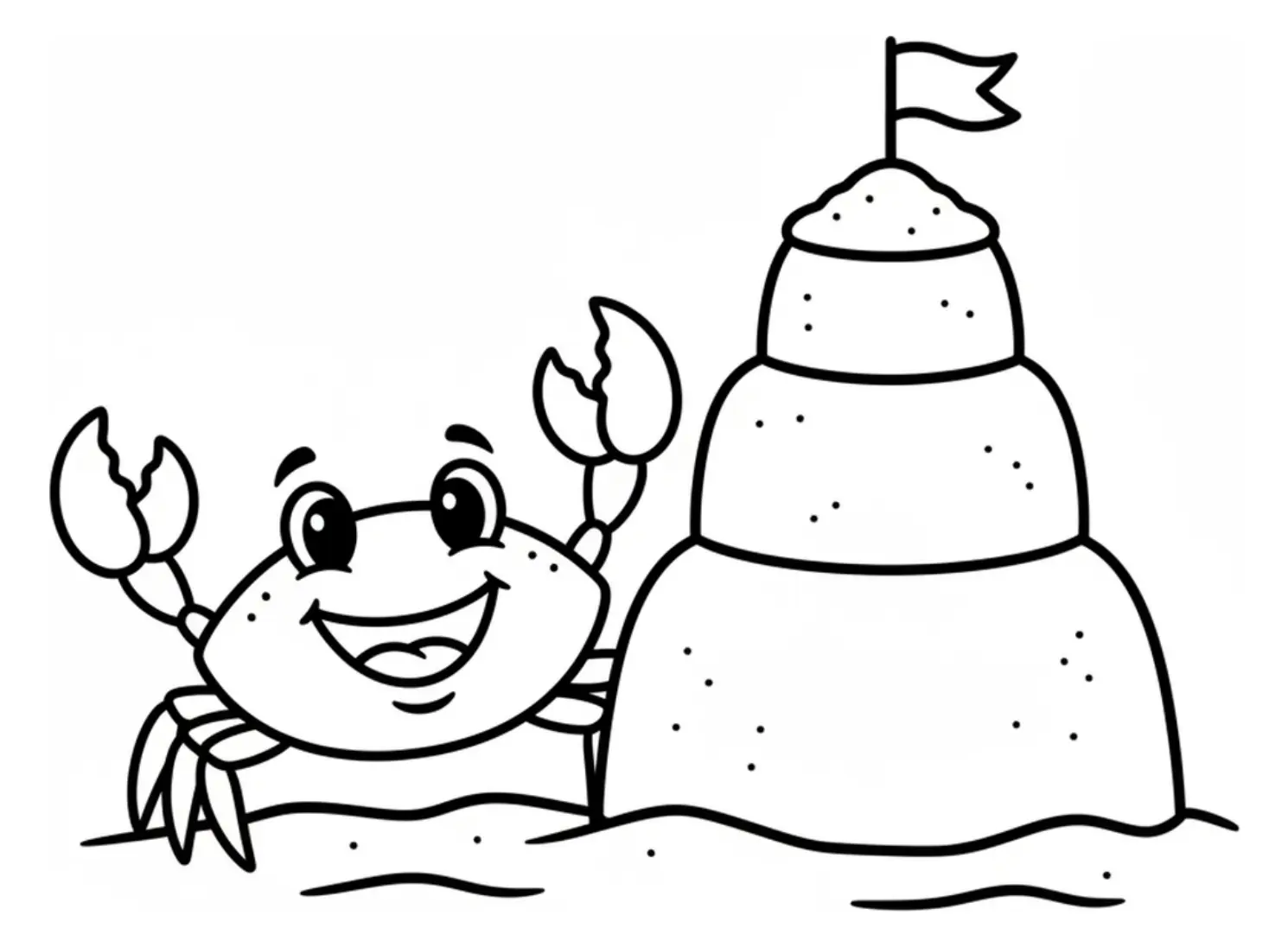Coloring page outline of a smiling crab with claws raised beside a simple two-tower sandcastle on the beach