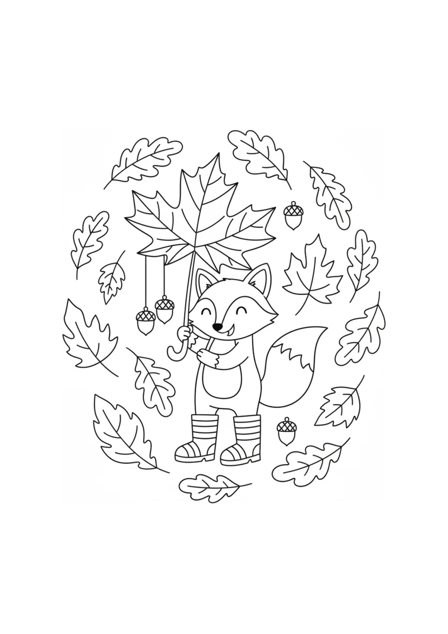 Ausmalbild-Umriss eines Fuchses mit Stiefeln, der ein großes Blatt als Regenschirm hält, umgeben von Eicheln und fallenden Herbstblättern, mit klaren großen Flächen für kleine Kinder.