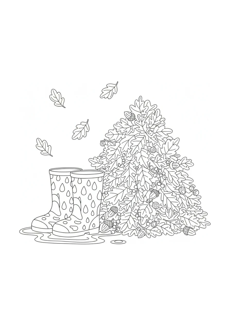 A pair of tall rain boots standing next to a pile of fallen autumn leaves, ready to be colored in