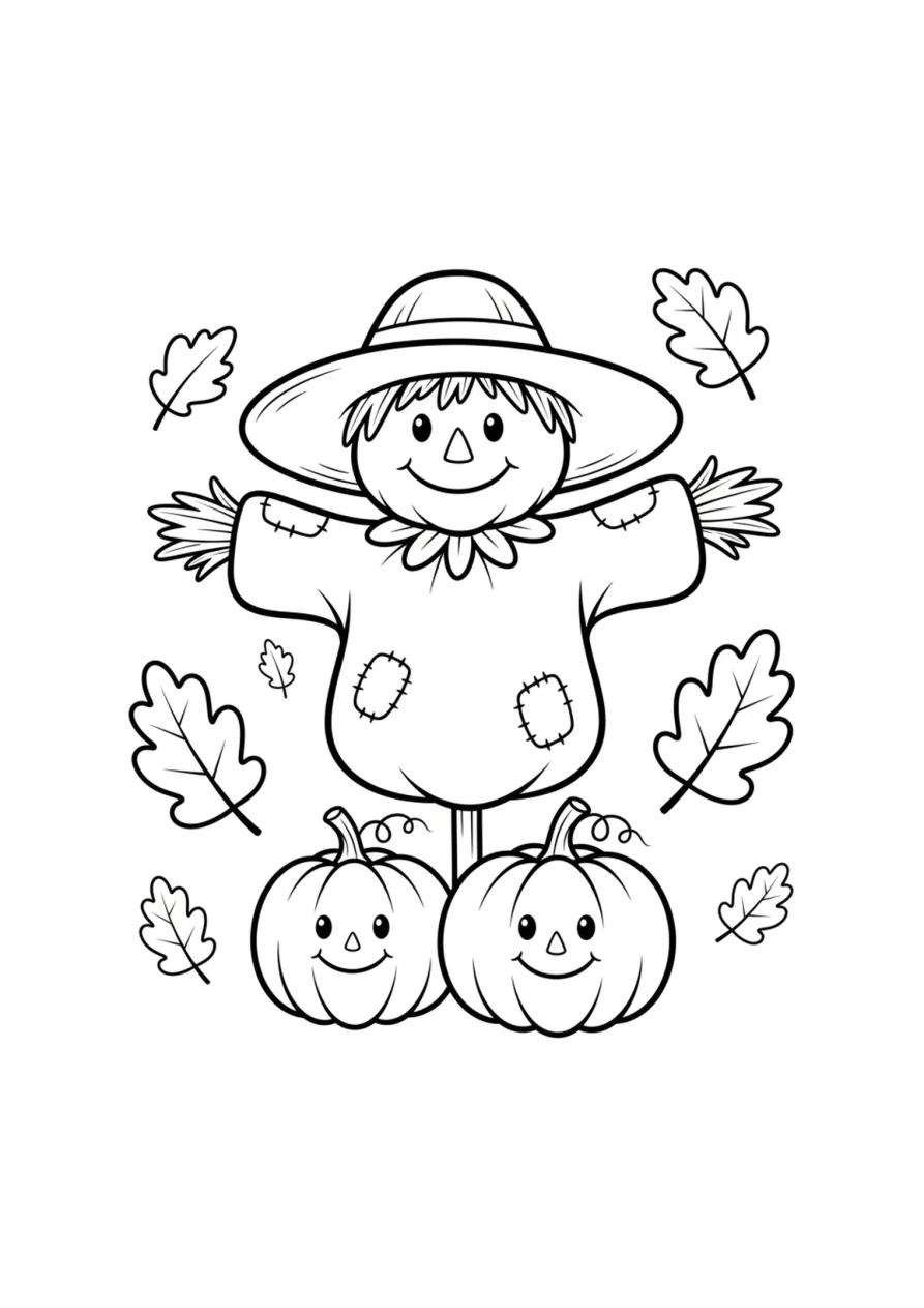 Dibujo para colorear de un espantapájaros amigable con un gran sombrero de ala ancha y ropa con parches, rodeado de calabazas y hojas de otoño, con grandes zonas simples para colorear.