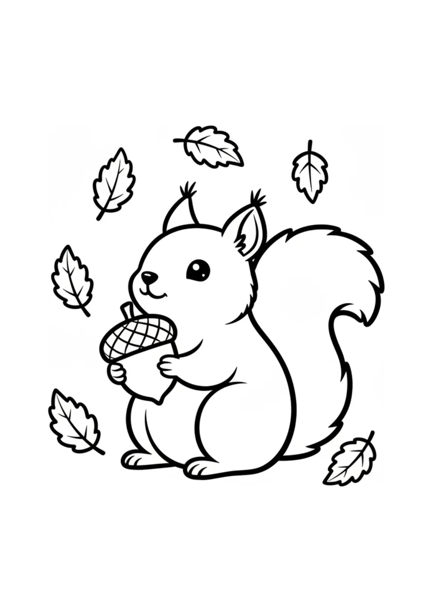 Ausmalbild-Umriss eines kleinen Eichhörnchens, das eine Eichel hält, umgeben von fallenden Herbstblättern