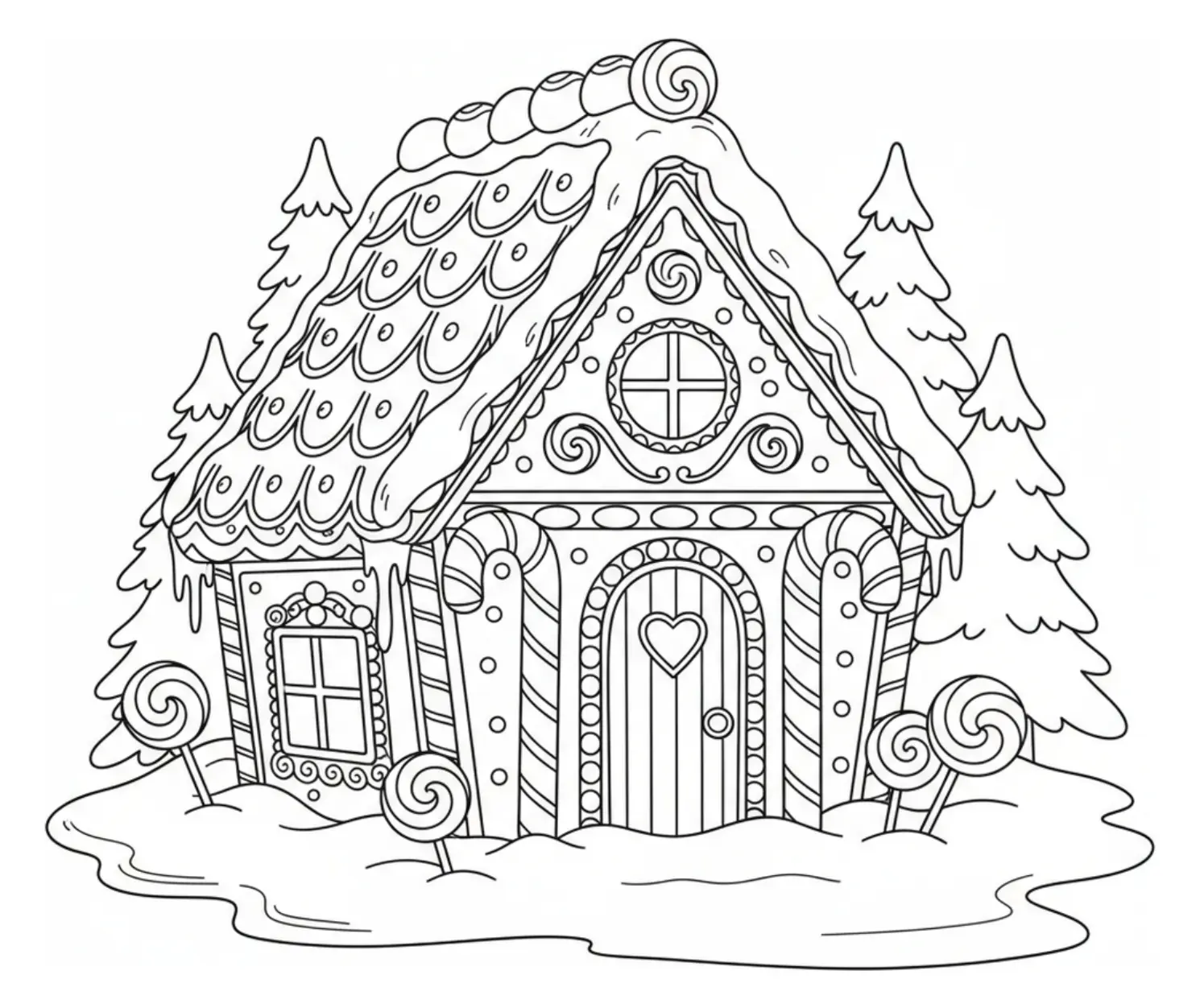 Simple line drawing of a Christmas gingerbread house decorated with candy canes and surrounded by snow, ready to color