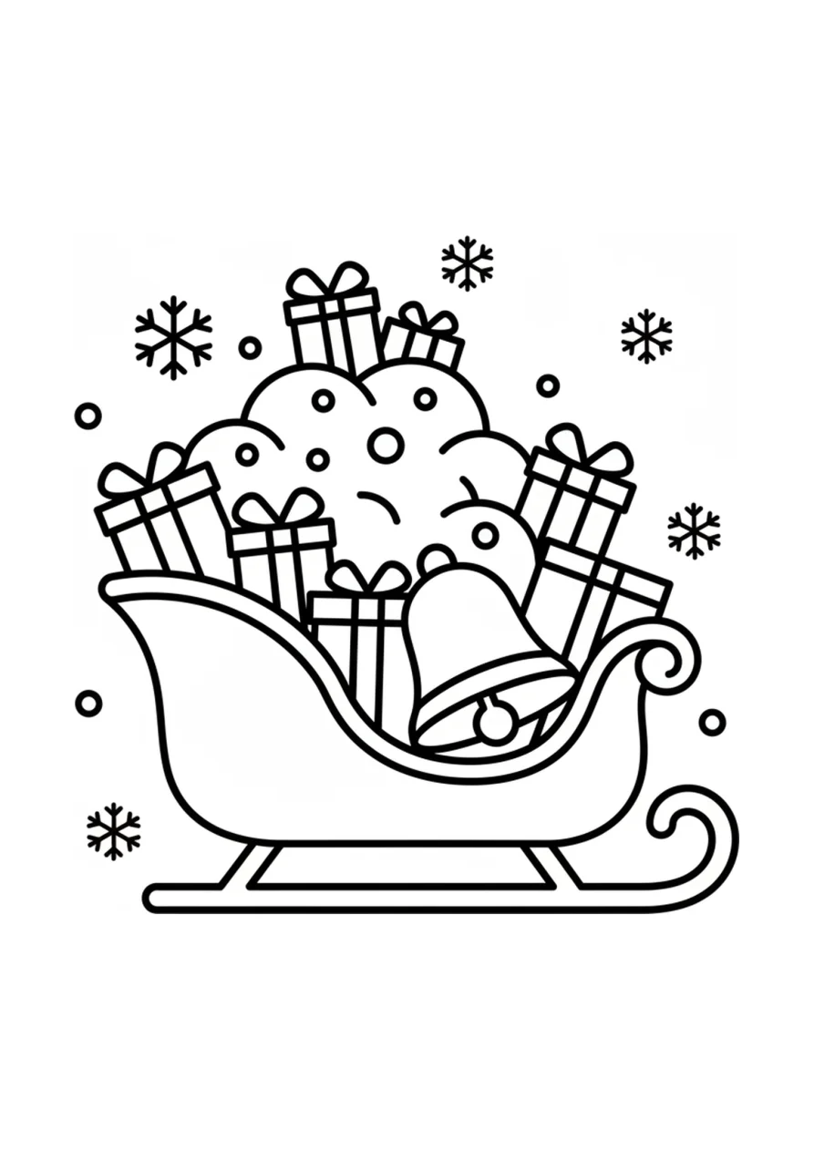 Ausmalbild mit einem Weihnachtsschlitten, darauf ein hoher Stapel eingepackter Geschenke, umgeben von Schneeflocken und einer Glocke