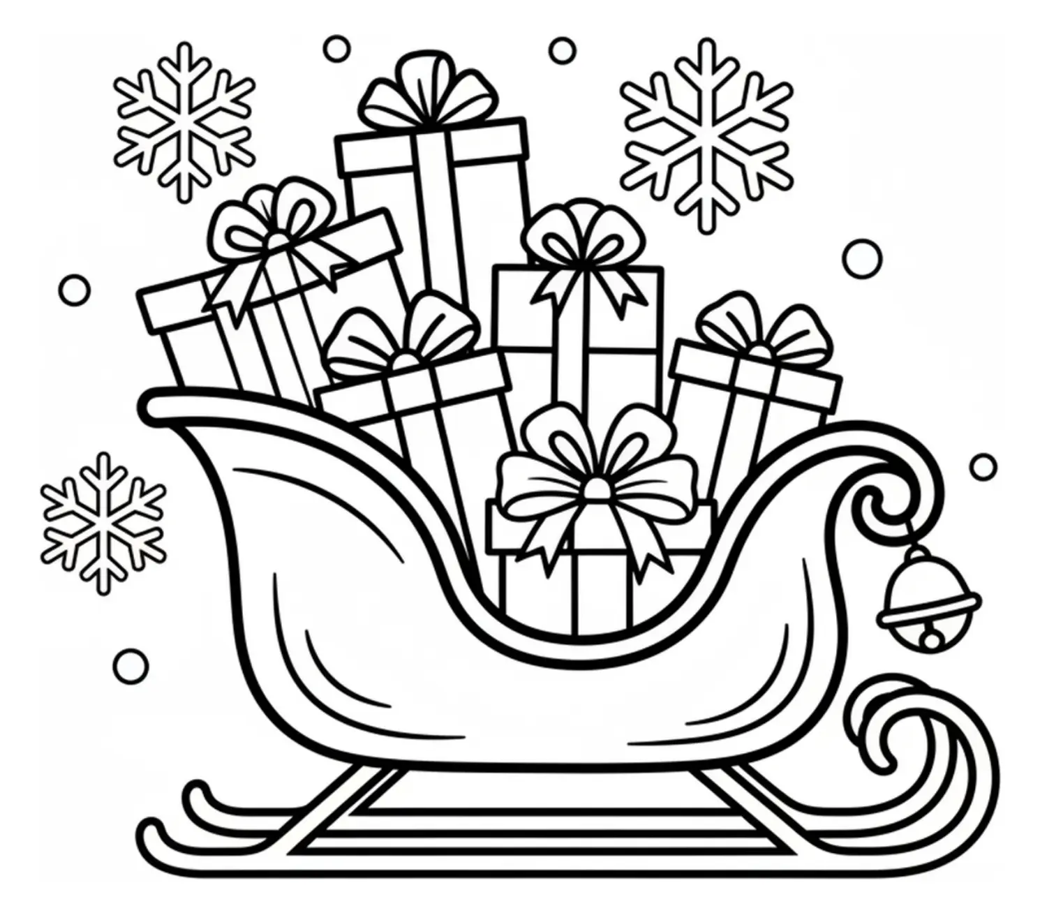 Coloring page outline of a Christmas sleigh filled with wrapped gift boxes, snowflakes, a ribbon bow, and a jingle bell, with large open areas to color.