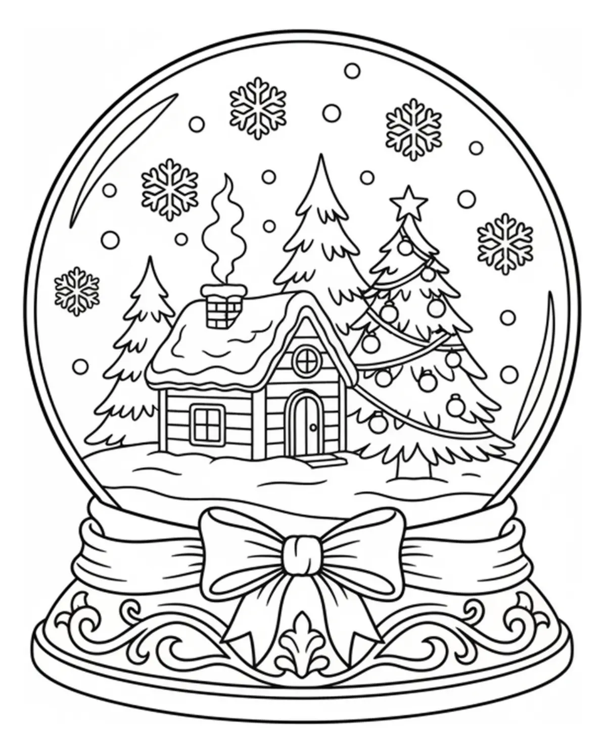 Printable coloring page of a Christmas snow globe with a cozy cabin, decorated tree, falling snowflakes, and a ribbon-wrapped base, centered on a white background with print-safe margins.