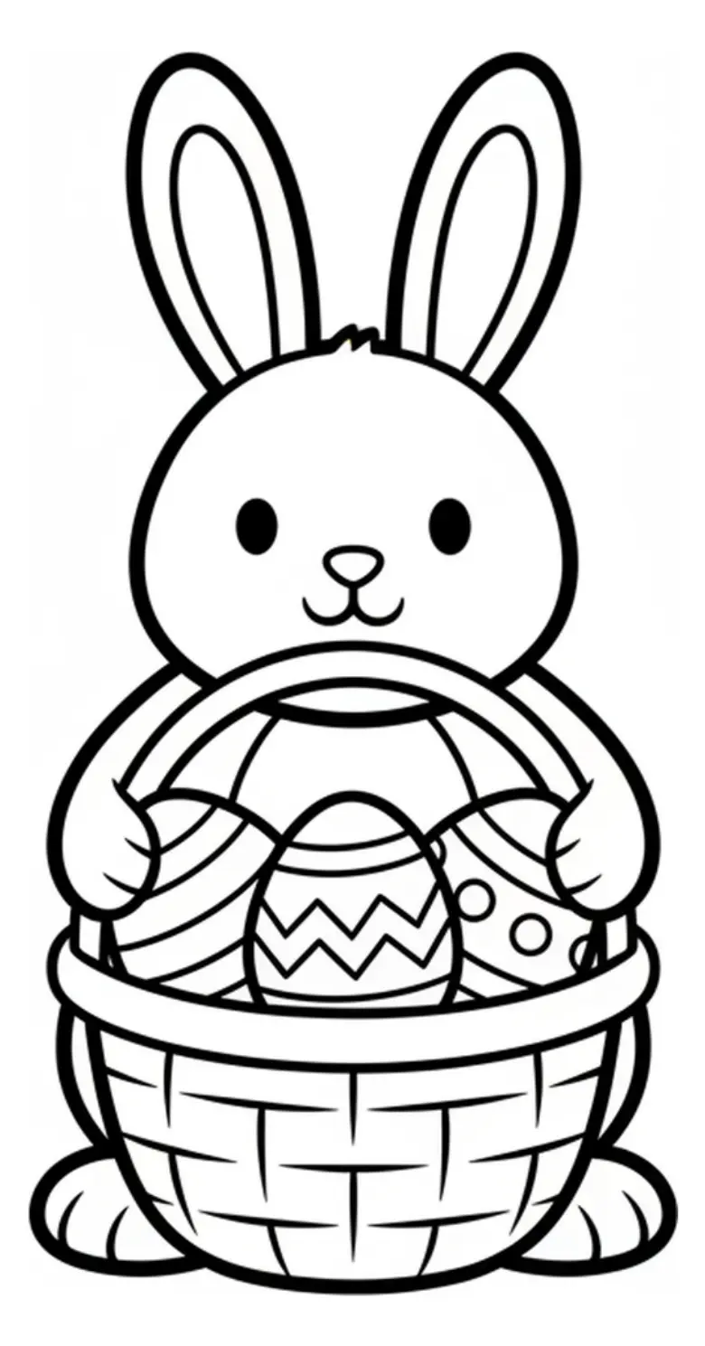 A cute cartoon bunny standing upright and holding a wicker basket filled with patterned Easter eggs, drawn as a kids coloring page outline